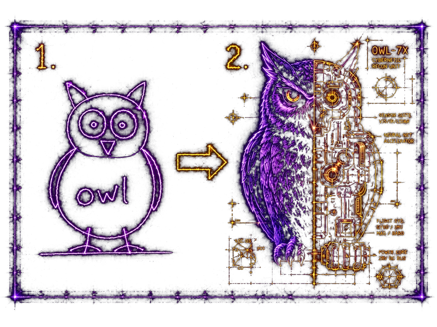 Step 1: rough sketch labeled 'owl'. Step 2: engineering schematic — OWL-7X Cybernetic Recon Unit with sensor suite, neural net accelerator, flight systems, power core.